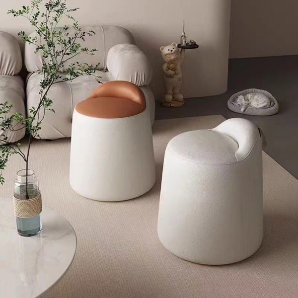 Modern Minimalist Leather & Wood Cylindrical Vanity Stool For Bedroom & Living Room