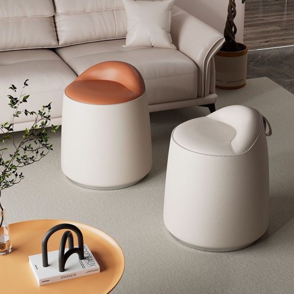 Modern Minimalist Leather & Wood Cylindrical Vanity Stool For Bedroom & Living Room - Image 3