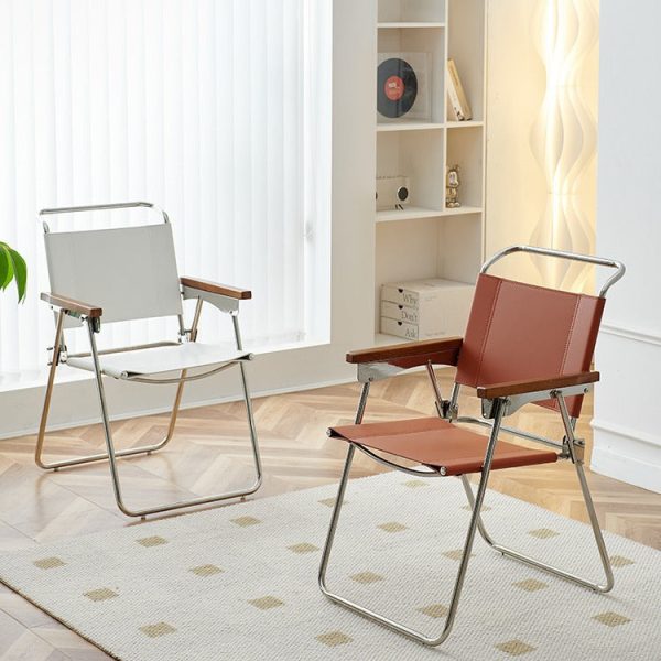 Contemporary Nordic Saddle Leather & Stainless Steel Square Dining Chair With Foldable Design For Bedroom & Living Room