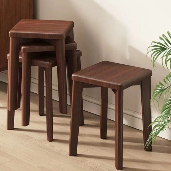 Modern Minimalist Wood & Leather Square Dining Chair With Stackable Design For Bedroom, Living Room & Dining Room