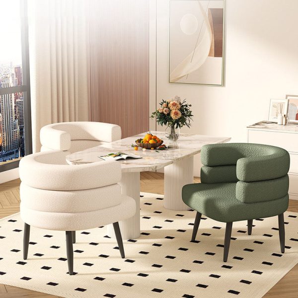 Contemporary Nordic Lambswool & Carbon Steel Curved Round Accent Chair For Bedroom & Living Room