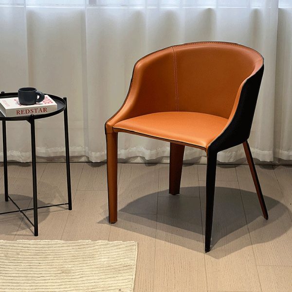 Modern Minimalist Saddle Leather & Carbon Steel Curved Dining Chair For Dining Room, Bedroom & Living Room