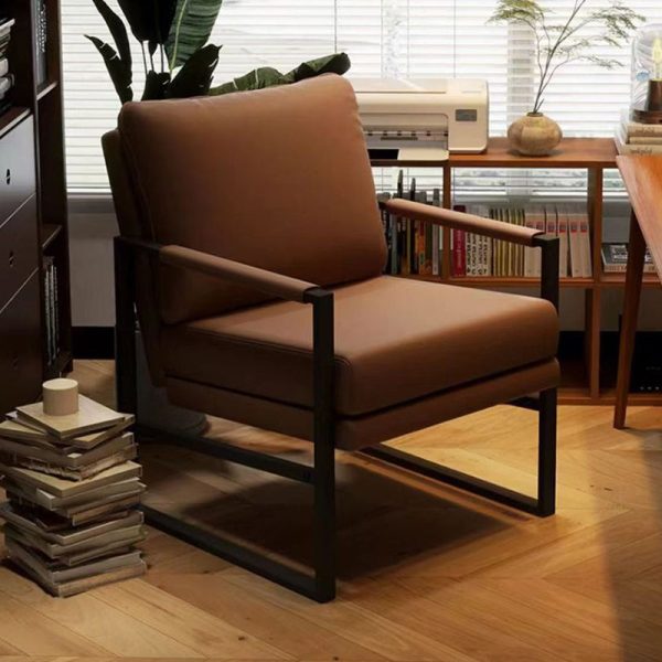 Contemporary Nordic Leather & Iron Square Accent Chair For Bedroom & Living Room - Image 19