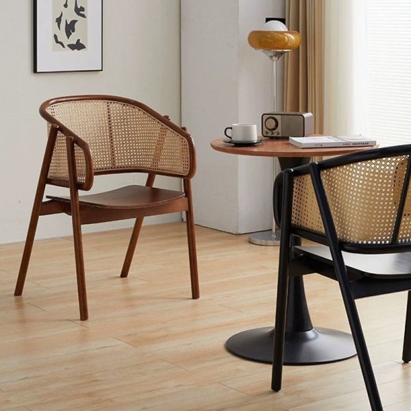 Traditional Vintage Rattan, Ash & Rubber Wood Curved Trapezoidal Dining Chair For Bedroom, Living Room & Dining Room