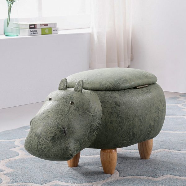 Modern Art Deco Tech Fabric Solid Wood Hippo-Shaped Storage Low Stool For Living Room - Image 11