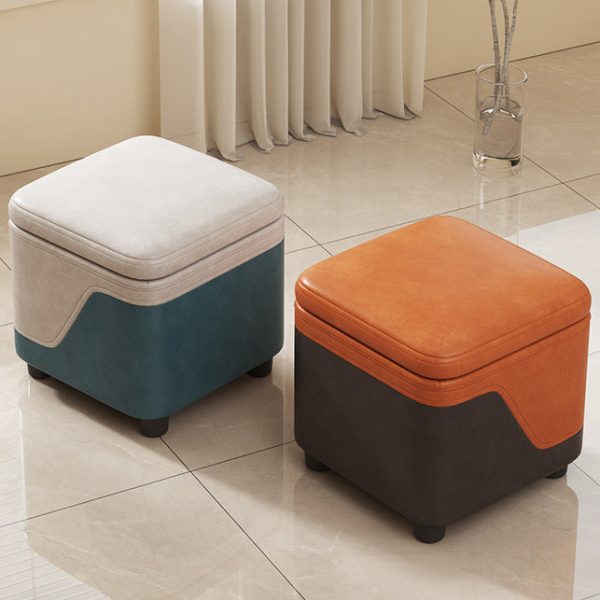 Modern Minimalist Tech Fabric Solid Wood Rounded Square Low Stool With Storage For Living Room - Image 3