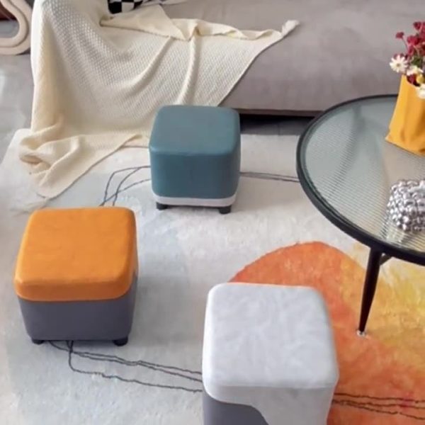 Modern Minimalist Tech Fabric Solid Wood Rounded Square Low Stool With Storage For Living Room - Image 2