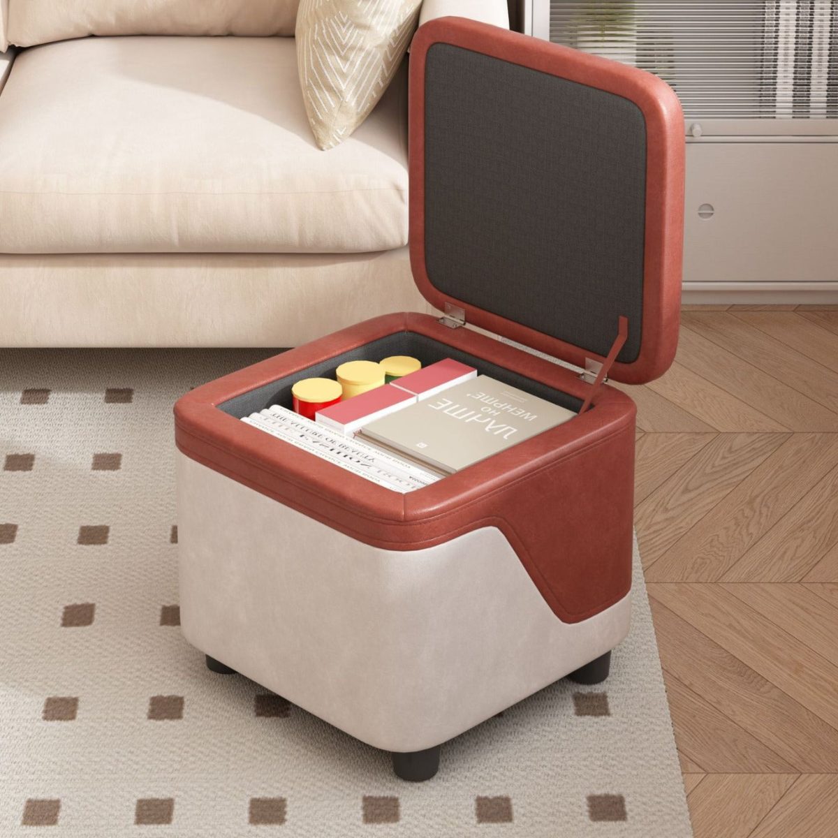 Modern Minimalist Tech Fabric Solid Wood Rounded Square Low Stool With Storage For Living Room - Image 11
