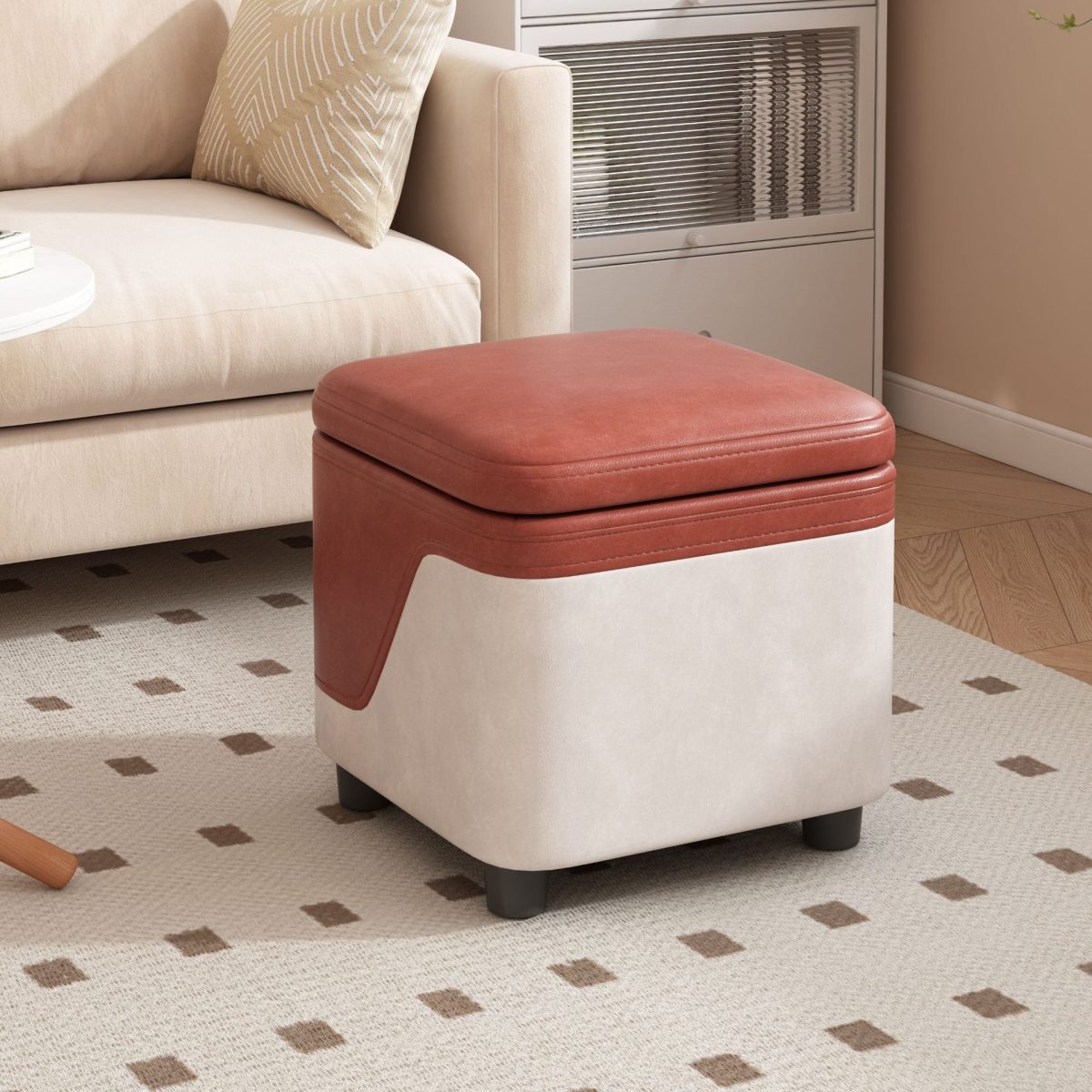Modern Minimalist Tech Fabric Solid Wood Rounded Square Low Stool With Storage For Living Room - Image 16