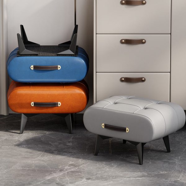 Contemporary Scandinavian PU Leather Solid Wood Metal Rectangular Low Stool For Living Room - Image 3