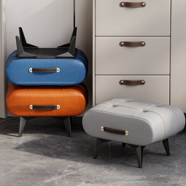 Contemporary Scandinavian PU Leather Solid Wood Metal Rectangular Low Stool For Living Room - Image 10