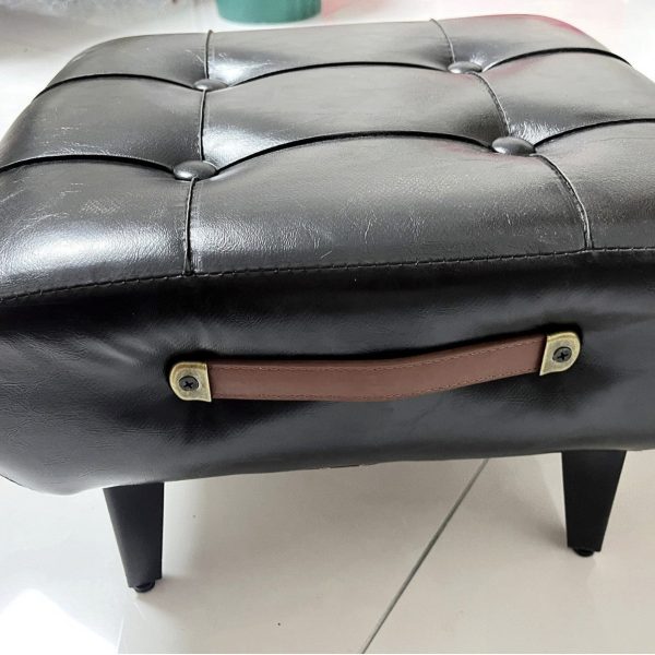 Contemporary Scandinavian PU Leather Solid Wood Metal Rectangular Low Stool For Living Room - Image 5
