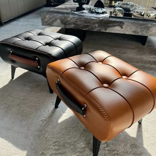 Contemporary Scandinavian PU Leather Solid Wood Metal Rectangular Low Stool For Living Room - Image 11