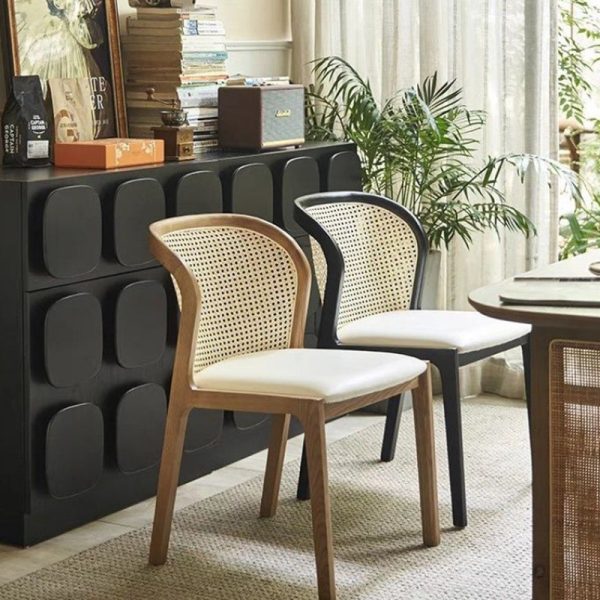 Contemporary Boho Rattan Leather Wood Dining Chair Backrest Armless For Dining Room - Image 2