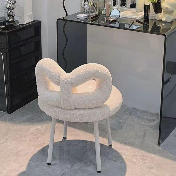 Contemporary Creative Bow Knot Lambswool Iron Vanity Stool Backrest Armless For Bedroom - Image 6