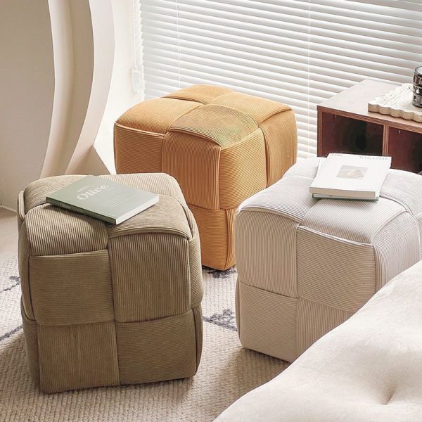 Contemporary Nordic Square Cube Corduroy Solid Wood Footstool Backless Armless For Living Room - Image 3
