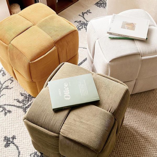 Contemporary Nordic Square Cube Corduroy Solid Wood Footstool Backless Armless For Living Room - Image 8