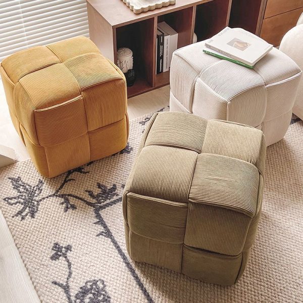 Contemporary Nordic Square Cube Corduroy Solid Wood Footstool Backless Armless For Living Room - Image 2