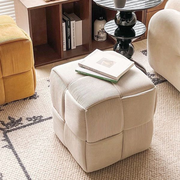 Contemporary Nordic Square Cube Corduroy Solid Wood Footstool Backless Armless For Living Room - Image 9