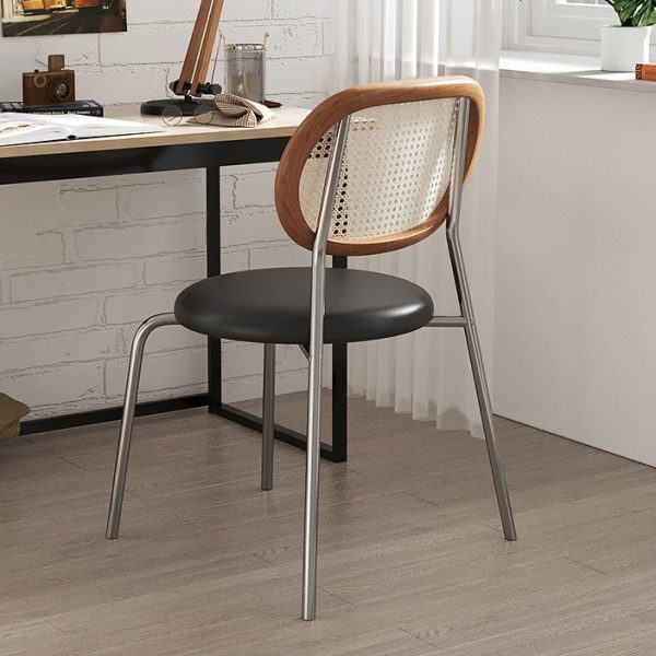Contemporary Boho Leather Rattan Stainless Steel Dining Chair Backrest Armless For Dining Room - Image 2