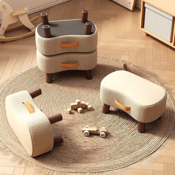 Contemporary Nordic Cuboid Portable Flannelette Solid Wood Footstool Backless Armless For Living Room - Image 2