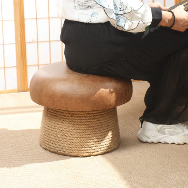 Traditional Japanese Mushroom Linen Technical Hemp Rope Solid Wood Footstool Backless Armless For Living Room - Image 6