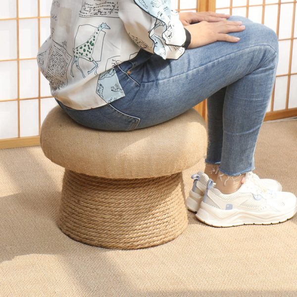 Traditional Japanese Mushroom Linen Technical Hemp Rope Solid Wood Footstool Backless Armless For Living Room - Image 8