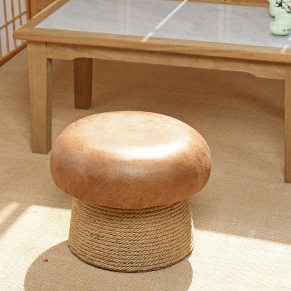 Traditional Japanese Mushroom Linen Technical Hemp Rope Solid Wood Footstool Backless Armless For Living Room - Image 3
