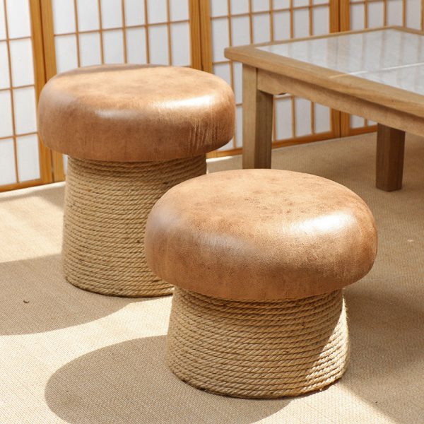 Traditional Japanese Mushroom Linen Technical Hemp Rope Solid Wood Footstool Backless Armless For Living Room
