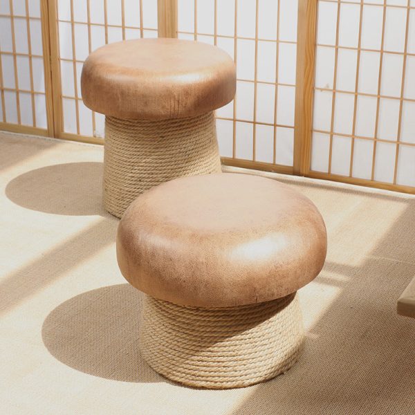 Traditional Japanese Mushroom Linen Technical Hemp Rope Solid Wood Footstool Backless Armless For Living Room - Image 2