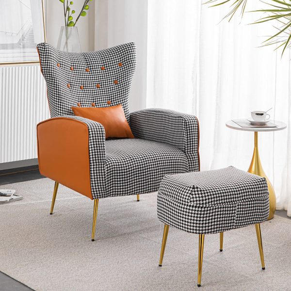 Contemporary Scandinavian Electroplating Metal Solid Wood Fabric Leather Accent Chair Backrest Armrest Footrest For Living Room - Image 16