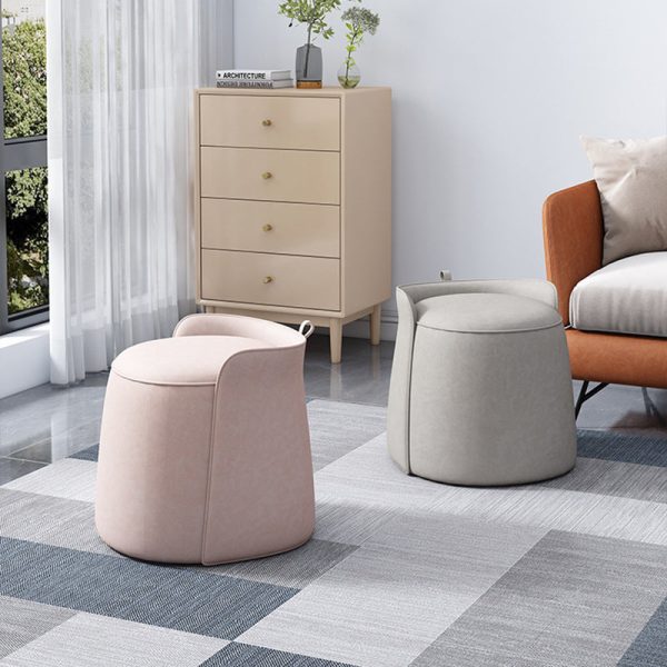 Contemporary Nordic Cylindrical Bucket Rotatable Technology Fabric Solid Wood Vanity Stool Backless Armless For Living Room - Image 2