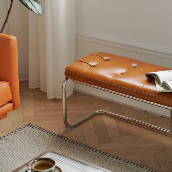 Traditional French Rectangle Geometry Leather Iron Bench Backless Armless For Entryway - Image 9