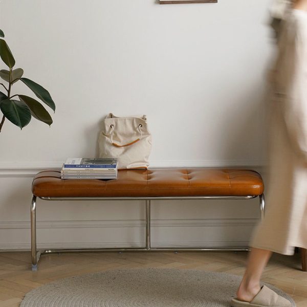 Traditional French Rectangle Geometry Leather Iron Bench Backless Armless For Entryway - Image 11