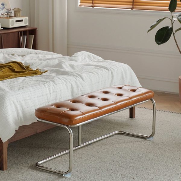 Traditional French Rectangle Geometry Leather Iron Bench Backless Armless For Entryway - Image 3