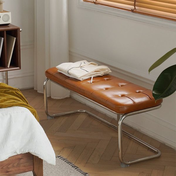 Traditional French Rectangle Geometry Leather Iron Bench Backless Armless For Entryway - Image 2
