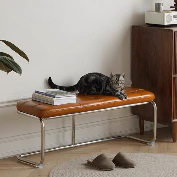 Traditional French Rectangle Geometry Leather Iron Bench Backless Armless For Entryway - Image 7