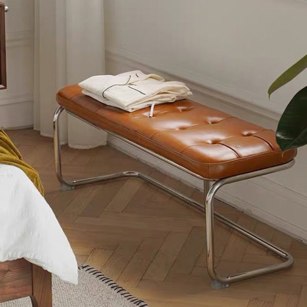 Traditional French Rectangle Geometry Leather Iron Bench Backless Armless For Entryway - Image 10