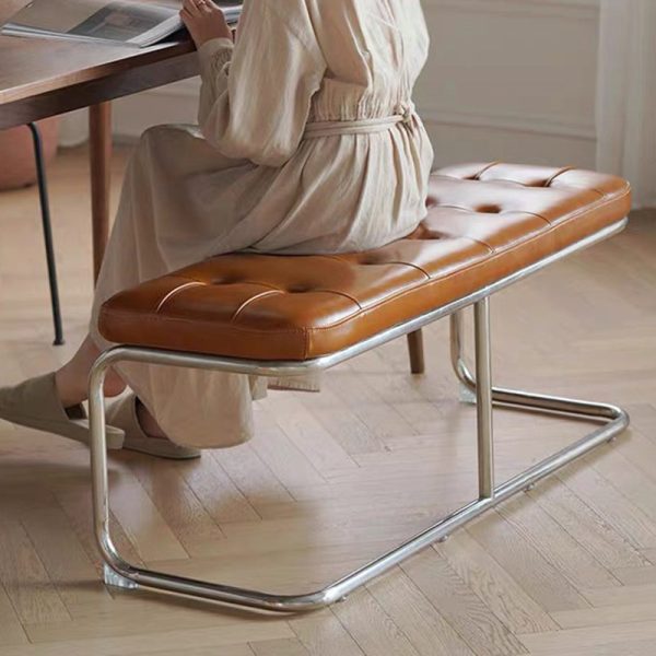 Traditional French Rectangle Geometry Leather Iron Bench Backless Armless For Entryway - Image 8
