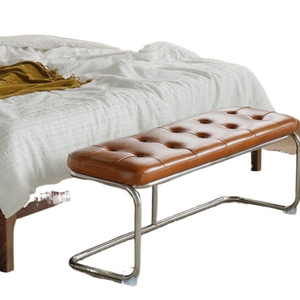 Traditional French Rectangle Geometry Leather Iron Bench Backless Armless For Entryway - Image 12