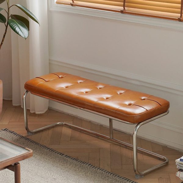 Traditional French Rectangle Geometry Leather Iron Bench Backless Armless For Entryway