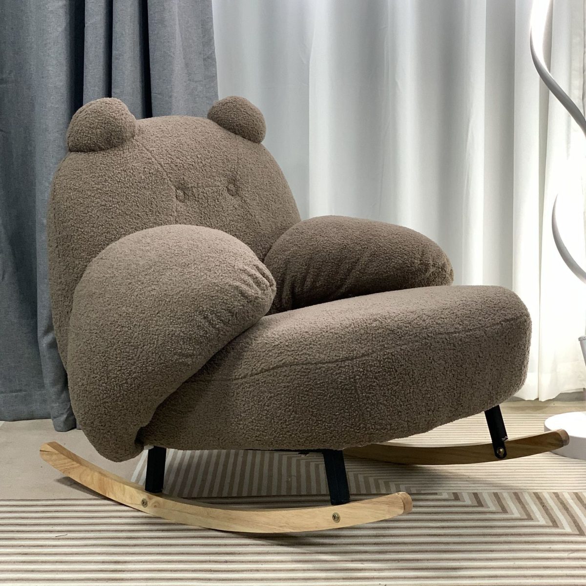 Contemporary Nordic Bear Lambswool Rubber Wood Carbon Steel Recliner Footrest Backrest Armrest For Living Room - Image 17