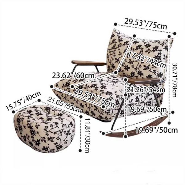 Contemporary Retro Ink Painting Flannelette Iron Solid Wood Recliner Footrest Backrest Armrest For Living Room - Image 4