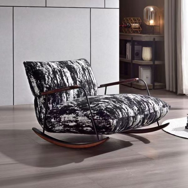 Contemporary Retro Ink Painting Flannelette Iron Solid Wood Recliner Footrest Backrest Armrest For Living Room - Image 18