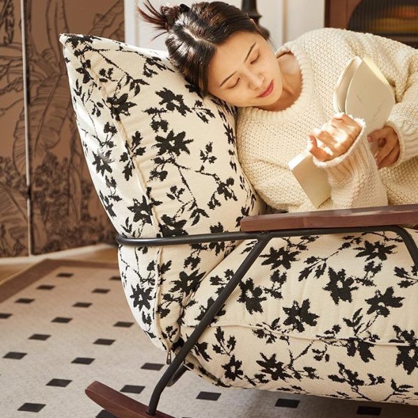 Contemporary Retro Ink Painting Flannelette Iron Solid Wood Recliner Footrest Backrest Armrest For Living Room - Image 5