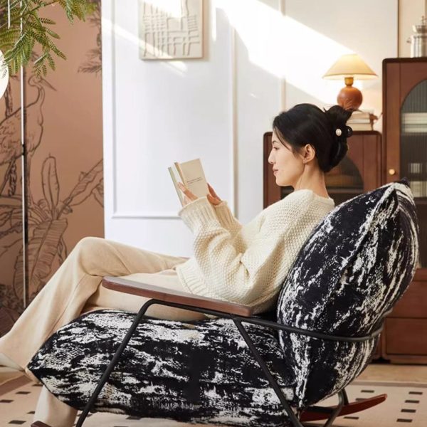 Contemporary Retro Ink Painting Flannelette Iron Solid Wood Recliner Footrest Backrest Armrest For Living Room - Image 13