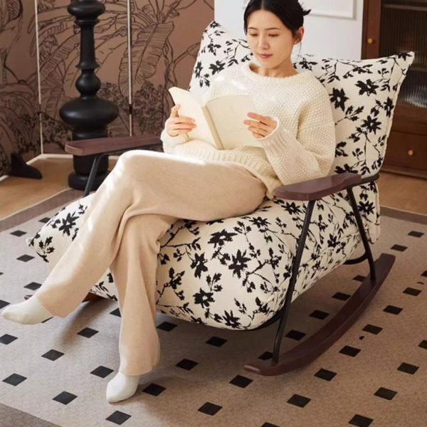 Contemporary Retro Ink Painting Flannelette Iron Solid Wood Recliner Footrest Backrest Armrest For Living Room - Image 21