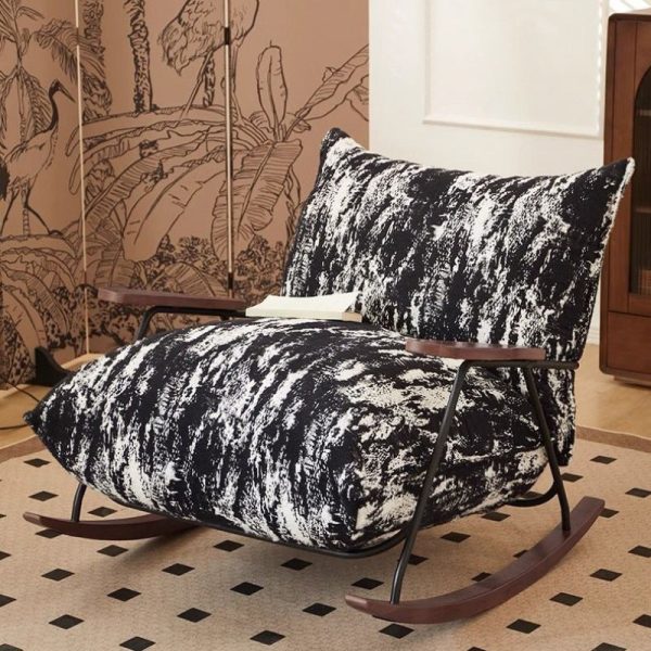 Contemporary Retro Ink Painting Flannelette Iron Solid Wood Recliner Footrest Backrest Armrest For Living Room - Image 17