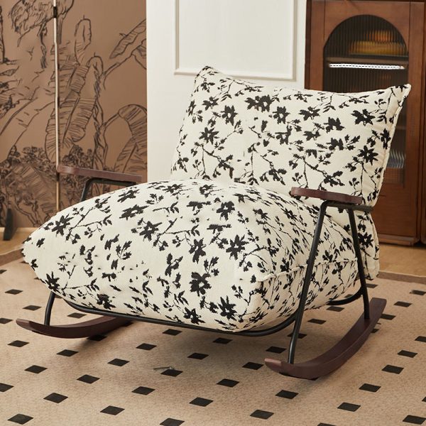 Contemporary Retro Ink Painting Flannelette Iron Solid Wood Recliner Footrest Backrest Armrest For Living Room - Image 3