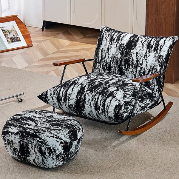 Contemporary Retro Ink Painting Flannelette Iron Solid Wood Recliner Footrest Backrest Armrest For Living Room - Image 2
